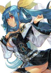 Rule 34 | 1girl, angel wings, arc system works, ass, asymmetrical wings, bare shoulders, belt, blue hair, breasts, buttons, choker, cleavage, cleavage cutout, clothing cutout, dizzy (guilty gear), from side, guilty gear, guilty gear xrd, hair between eyes, hair ribbon, hair rings, hand on own chest, hungry clicker, large breasts, lips, long hair, parted lips, red eyes, ribbon, sidelocks, solo, tail, tail ornament, tail ribbon, thick thighs, thigh strap, thighs, twintails, very long hair, wings, yellow ribbon