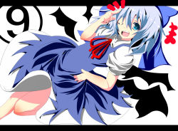 Rule 34 | 1girl, blue eyes, blue hair, bow, circled 9, cirno, dress, hair bow, hand on own hip, letterboxed, matching hair/eyes, one eye closed, phantasmagoria of flower view, solo, sukage, symbol-shaped pupils, touhou, wink