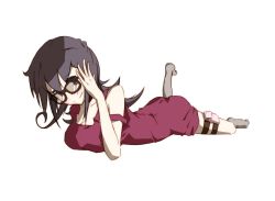 Rule 34 | 1girl, bespectacled, black hair, blush, breasts, danbo (3288624), dress, duel masters, glasses, lying, on stomach, pouch, socks, solo, tasogare mimi, thigh strap