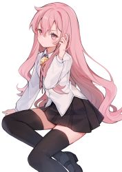 Rule 34 | 1girl, arm support, black footwear, black skirt, black thighhighs, blush, bolo tie, breasts, closed mouth, collared shirt, commentary request, feet out of frame, hair between eyes, hand up, highres, long sleeves, looking at viewer, louise francoise le blanc de la valliere, pink eyes, pink hair, pleated skirt, shirt, shoes, simple background, sitting, skirt, small breasts, solo, thighhighs, watermark, white background, white shirt, yenkoes, yokozuwari, zero no tsukaima