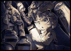 Rule 34 | 1girl, 3boys, ^^^, akamtvahosi, animal, ascot, black border, bondrewd, border, bright pupils, brown theme, child, coat, commentary request, covered face, curly hair, dutch angle, gloves, glowing, gueira (made in abyss), hands up, hat, head out of frame, headpat, highres, holding, holding animal, holding jar, indoors, jar, long sleeves, made in abyss, mask, meinya (made in abyss), monochrome, multiple boys, open clothes, open coat, open mouth, overcoat, peeking out, pointing, pouch, prushka, short hair, sparkle, standing, tube, whistle, whistle around neck