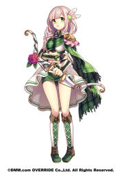 Rule 34 | 1girl, boots, bow (weapon), braid, bridal gauntlets, flower, full body, green eyes, green scarf, green skirt, highres, kanpani girls, knee boots, light brown hair, liliana (kanpani girls), liliana bartek, long hair, masaru.jp, official art, plaid, plaid scarf, scarf, shoulder pads, skirt, smile, solo, standing, weapon, white background