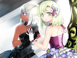 Rule 34 | 1girl, against mirror, back, bare arms, bare shoulders, black dress, black gloves, brown eyes, commentary, dark-skinned female, dark skin, dress, from behind, gloves, hand on mirror, idol, idolmaster, idolmaster (classic), light green hair, looking at viewer, looking back, miridereningen, mole, mole under eye, pale skin, purple dress, reflection, revision, shiika (idolmaster), solo, white gloves, white hair