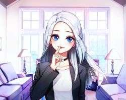 Rule 34 | 1girl, bad id, bad pixiv id, blazer, blue eyes, choker, couch, eunyeon, finger to mouth, indoors, jacket, lamp, long hair, looking at viewer, original, room, shushing, silver hair, smile, solo, upper body, window