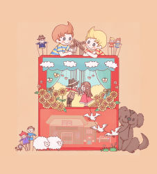 Rule 34 | 2boys, :d, alec (mother), beard, bird, blonde hair, blue eyes, blush stickers, boney, boots, brown hair, bug, butterfly, claus (mother 3), cloud, cowboy, cowboy hat, cowboy western, curtains, doll joints, duster (mother), facial hair, flint (mother 3), flower, glasses, grass, hat, heart, highres, hinawa, house, insect, joints, kumatora, lucas (mother 3), male focus, marionette, mother (game), mother 3, multiple boys, mustache, nintendo, open mouth, orange hair, pink hair, puppet, quiff, red hair, salsa (mother), scarf, sheep, shirt, simple background, smile, striped clothes, striped shirt, sunflower, western, white hair, wire