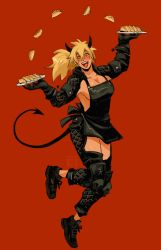 Rule 34 | absurdres, apron, beebot, blonde hair, breasts, demon horns, demon tail, dorohedoro, dumpling, food, gloves, highres, horns, jiaozi, looking at viewer, naked apron, nikaidou (dorohedoro), plate, ponytail, red background, shoes, smile, sneakers, solo, tail