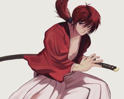 Rule 34 | 1boy, drawing sword, fighting stance, highres, himura kenshin, holding, holding sword, holding weapon, japanese clothes, long hair, low ponytail, male focus, miko hxh, ready to draw, red hair, rurouni kenshin, samurai, scar, scar on face, sheath, sheathed, solo, sword, weapon