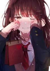 Rule 34 | 1girl, bad id, bad twitter id, bag, blazer, blush, brown hair, clenched teeth, collared shirt, crying, crying with eyes open, gift, gift bag, hair ornament, hairclip, heart, highres, holding, holding bag, holding gift, jacket, long hair, long sleeves, looking at viewer, necktie, one eye closed, original, parted lips, red necktie, sakura (39ra), school uniform, shirt, solo, tears, teeth, upper body, valentine, white shirt, wiping tears, yellow eyes