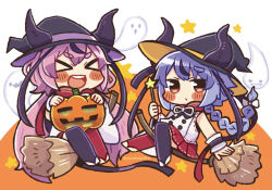 Rule 34 | &gt; &lt;, 2others, asymmetrical legwear, asymmetrical sleeves, black legwear, blue hair, blush stickers, broom, broom riding, chibi, commentary, detached sleeves, closed eyes, facing viewer, ghost, halloween, hat, holding, holding pumpkin, holding wand, horns, jack-o&#039;-lantern, japanese clothes, looking at viewer, meika hime, meika mikoto, mismatched legwear, multiple others, open mouth, pink eyes, pink hair, red legwear, red skirt, same anko, shirt, skirt, smile, star (sky), star wand, thick eyebrows, uneven sleeves, vocaloid, wand, white shirt, wide sleeves, witch hat