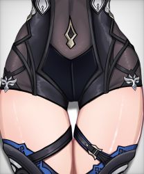 Rule 34 | 1girl, absurdres, blue background, close-up, commentary, english commentary, eula (genshin impact), female focus, genshin impact, highres, hip focus, kawacchi, lower body, navel, see-through, simple background, solo, thigh gap, thighhighs, thighs