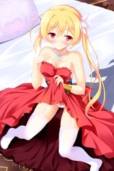Rule 34 | 1girl, bare arms, bare shoulders, bashen chenyue, bed sheet, blonde hair, blush, bow, bow panties, breasts, cleavage, closed mouth, clothes lift, commentary request, dress, dress lift, fingernails, frilled dress, frills, garter straps, hair between eyes, hair ribbon, hand on own chest, hand up, happy birthday, highres, jewelry, lifted by self, lisesharte atismata, long hair, medium breasts, necklace, no shoes, on bed, panties, pillow, pink panties, pubic tattoo, red dress, ribbon, saijaku muhai no bahamut, side ponytail, sidelocks, sitting, solo, strapless, strapless dress, tattoo, thighhighs, underwear, very long hair, white ribbon, white thighhighs