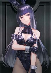 Rule 34 | 1girl, absurdres, animal ears, bare shoulders, belt pouch, black pantyhose, bondage outfit, bow, bowtie, breasts, cleavage, closed mouth, fake animal ears, feet out of frame, gloves, hakohako-does, highres, holding own arm, latex, latex gloves, latex leotard, leotard, lips, long hair, looking at viewer, medium breasts, original, pantyhose, playboy bunny, pouch, purple bow, purple bowtie, purple eyes, purple gloves, purple hair, rabbit ears, rubber gloves, simple background, smile, solo, standing, white wrist cuffs, wrist cuffs