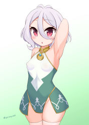 Rule 34 | 1girl, absurdres, antenna hair, arm up, armpits, bad id, bad pixiv id, blush stickers, breasts, covered erect nipples, cowboy shot, dress, female focus, gradient background, green background, green dress, hair between eyes, highres, jewelry, kokkoro (princess connect!), light blush, looking at viewer, multicolored clothes, multicolored dress, no panties, open mouth, pink eyes, princess connect!, see-through, short hair, small breasts, solo, standing, thick thighs, thighhighs, thighs, white background, white dress, white hair