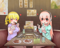 Rule 34 | 2girls, blonde hair, blush, bowl, breasts, chopsticks, closed eyes, cooking, cup, drinking glass, drinking straw, eating, food, grill, grilling, happy, headphones, heart, huge breasts, indoors, kakerugo, long hair, looking at viewer, meat, multiple girls, nitroplus, open mouth, pink eyes, pink hair, restaurant, rice, rice bowl, short hair, sitting, smile, super pochaco, super sonico, table, tongs, twintails, wooden table, wooden wall