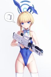 Rule 34 | 1girl, 9malefi9, absurdres, animal ears, ass, assault rifle, blonde hair, blue archive, blue bow, blue bowtie, blue eyes, blue halo, blue leotard, bow, bowtie, breasts, bullpup, caseless firearm, closed mouth, commentary, covered navel, cowboy shot, detached collar, english commentary, fake animal ears, groin, gun, h&amp;k g11, halo, high-capacity magazine, highres, holding, holding gun, holding weapon, horizontal magazine, leotard, medium breasts, official alternate costume, prototype design, rabbit ears, rifle, short hair with long locks, sidelocks, simple background, solo, strapless, strapless leotard, thighhighs, toki (blue archive), toki (bunny) (blue archive), weapon, white background, white thighhighs, wrist cuffs