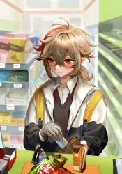 Rule 34 | 1boy, absurdres, alternate costume, badamon, bandaged hand, bandages, blush, chips (food), collared shirt, contemporary, convenience store, credit card, food, genshin impact, highres, jacket, kaedehara kazuha, long sleeves, looking down, male focus, multicolored hair, okamoto condoms, ponytail, red eyes, red hair, shirt, shop, snack, solo, streaked hair, vest, wallet, white hair