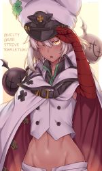Rule 34 | 1girl, ;o, bandaged arm, bandages, belt, black belt, blush, breasts, buttons, cape, clover, collarbone, collared shirt, commentary request, creature, crop top, dark-skinned female, dark skin, english text, four-leaf clover, groin, guilty gear, guilty gear strive, hair between eyes, hand up, hat, highres, holding, holding clothes, holding hat, long hair, looking at viewer, lower teeth only, medium breasts, midriff, navel, one eye closed, orange eyes, peaked cap, platinum blonde hair, ramlethal valentine, shirt, short shorts, shorts, sidelocks, simple background, sleeveless, sleeveless shirt, solo, soukitsu, standing, stomach, teeth, upper body, white cape, white hair, white hat, white shirt, yellow background