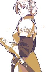 Rule 34 | 1girl, armor, braid, chris lightfellow, closed mouth, french braid, gensou suikoden, gensou suikoden iii, gloves, looking at viewer, mikisato, monochrome, short hair, simple background, smile, solo, sword, weapon, white background