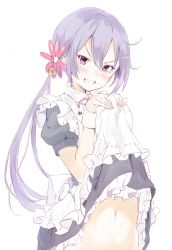 Rule 34 | 10s, 1girl, akebono (kancolle), alternate costume, bell, blush, clenched teeth, clothes lift, commentary request, crying, crying with eyes open, dress, dress lift, enmaided, flower, frown, furrowed brow, hair bell, hair flower, hair ornament, highres, kantai collection, lifting own clothes, long hair, maid, navel, out-of-frame censoring, purple eyes, purple hair, side ponytail, solo, sumisu (mondo), tears, teeth, very long hair, white background, wrist cuffs