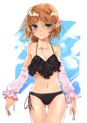 Rule 34 | 1girl, arms at sides, asuzemu, bare shoulders, bikini, black ribbon, blue eyes, blush, breasts, cleavage, closed mouth, collarbone, detached sleeves, gluteal fold, halterneck, highres, light frown, looking at viewer, mizuhashi parsee, navel, orange hair, parted bangs, pointy ears, ribbon, shiny skin, short hair, short sleeves, side-tie bikini bottom, small breasts, solo, stomach, swimsuit, tareme, thigh gap, touhou, two-tone background