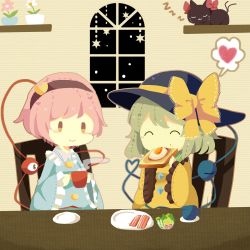 Rule 34 | 2girls, ^ ^, bacon, bow, bread slice, chair, closed eyes, commentary request, cup, eating, egg, egg (food), flower, food, food on face, fried egg, fried egg on toast, green hair, hairband, hat, hat bow, hat ribbon, heart, heart of string, highres, holding, holding cup, kaenbyou rin, kaenbyou rin (cat), komeiji koishi, komeiji satori, long sleeves, moyo (amaniwa), multiple girls, pink hair, plant, plate, potted plant, ribbon, salad, shelf, short hair, sitting, sleeping, smile, spoken heart, star (symbol), steam, table, third eye, toast, touhou, wide sleeves, window, zzz