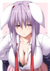 Rule 34 | 1girl, animal ears, blush, bra, breasts, cleavage, collarbone, extra ears, frown, highres, large breasts, long hair, looking away, no nose, nori tamago, pink hair, rabbit ears, rabbit girl, red eyes, reisen udongein inaba, solo, straight hair, touhou, unbuttoned, underwear, undressing