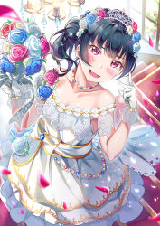 Rule 34 | 1girl, :d, alternate hairstyle, bad id, bad pixiv id, bare shoulders, black hair, blue flower, blue hair, blue rose, blush, bouquet, bracelet, chandelier, collarbone, commentary request, dress, fang, flower, gloves, group name, hair bun, hair flower, hair ornament, highres, holding, holding bouquet, jewelry, looking at viewer, love live!, love live! school idol festival, love live! sunshine!!, necklace, open mouth, petals, pink flower, pink rose, purple eyes, red flower, red rose, rose, sash, side bun, side ponytail, single side bun, smile, solo, tiara, tipii, tsushima yoshiko, v, white flower, white gloves, white rose, window
