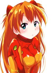 Rule 34 | 1girl, bad id, bad pixiv id, blue eyes, blush, bodysuit, breasts, breasts squeezed together, hair ornament, highres, light brown hair, long hair, looking at viewer, multicolored clothes, neon genesis evangelion, plugsuit, rebuild of evangelion, simple background, solo, souryuu asuka langley, test plugsuit, upper body, very long hair, white background, yuto (wyuichi 0503)