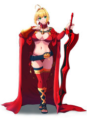 Rule 34 | 1girl, absurdres, aestus estus, ahoge, ameneshi, bad id, bad pixiv id, belt, bikini, black footwear, blonde hair, bracer, breasts, breasts apart, cape, cleavage, closed mouth, fate/extra, fate/grand order, fate (series), fringe trim, full body, green eyes, hair intakes, hand on own chest, highres, holding, holding sword, holding weapon, large breasts, long hair, looking at viewer, navel, nero claudius (battle olympia) (fate), nero claudius (fate), nero claudius (fate) (all), nero claudius (fate/extra), official alternate costume, red bikini, red cape, red ribbon, red thighhighs, revision, ribbon, simple background, smile, standing, swimsuit, sword, thighhighs, toeless footwear, weapon, white background