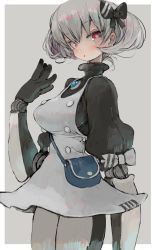 Rule 34 | 1girl, bag, black bow, black gloves, black sweater, blue bag, border, bow, buttons, cowboy shot, double-breasted, dress, earrings, ebimomo, gloves, grey background, grey hair, hair bow, hand up, highres, jewelry, joints, looking at viewer, mechanical arms, medium hair, original, parted lips, red eyes, robot joints, shoulder bag, simple background, solo, square pupils, standing, sweater, turtleneck, turtleneck sweater, white border, white dress