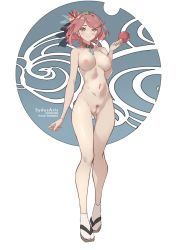 Rule 34 | 1girl, breasts, censored, chest jewel, headpiece, large breasts, nipples, nude, pussy, pyra (xenoblade), red eyes, red hair, short hair, solo, swept bangs, sydus, tiara, xenoblade chronicles (series), xenoblade chronicles 2