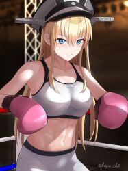 Rule 34 | 1girl, absurdres, bismarck (kancolle), blonde hair, blue eyes, blush, boxing gloves, breasts, dangan kurabu, gloves, hat, highres, kantai collection, large breasts, long hair, looking to the side, open mouth, peaked cap, pink gloves, short shorts, shorts, solo, sports bra, twitter username, white sports bra