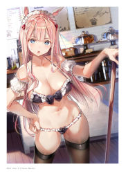 Rule 34 | 1girl, animal ears, bare shoulders, black thighhighs, blue eyes, blush, bow, bow bra, bow panties, bra, breasts, cleavage, collarbone, dsmile, fake animal ears, frills, hair ornament, hand on own hip, highres, holding, indoors, large breasts, looking at viewer, maid headdress, navel, open mouth, original, panties, pink hair, puffy sleeves, simple background, solo, standing, stomach, thighhighs, thighs, underwear