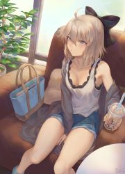 Rule 34 | 1girl, ahoge, bag, between legs, black bow, blonde hair, blush, bow, breasts, bubble tea, closed mouth, collarbone, contemporary, cup, day, denim, denim shorts, expressionless, fate/grand order, fate (series), grey jacket, hair between eyes, hair bow, hair ornament, hand between legs, highres, holding, holding cup, indoors, jacket, long hair, looking away, mashuu (neko no oyashiro), off shoulder, okita souji (fate), okita souji (koha-ace), plant, potted plant, shorts, sitting, small breasts, solo, tank top, window, yellow eyes