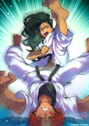 Rule 34 | 2girls, arc system works, asymmetrical hair, barefoot, belt, black belt, black sports bra, breasts, capcom, clenched hands, clenched teeth, cornrows, country connection, crossover, dark-skinned female, dark skin, dougi, emphasis lines, giovanna (guilty gear), guilty gear, guilty gear strive, karate gi, kicking, large breasts, laura matsuda, long hair, martial arts belt, multiple girls, one eye closed, open mouth, pink lips, short hair, shouting, sports bra, street fighter, street fighter v, teeth, teko (tawake), upper teeth only