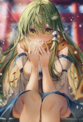 Rule 34 | 1girl, blue skirt, blurry, blurry background, blush, breath, commentary, detached sleeves, fingernails, frog hair ornament, green eyes, grey hair, hair between eyes, hair ornament, hair tubes, hands up, highres, kochiya sanae, long hair, looking at viewer, parted lips, scarf, shirt, single sidelock, sitting, skirt, snowing, solo, toho sweet, torii, touhou, white shirt, white sleeves, yellow scarf