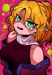 Rule 34 | 1girl, black shirt, blonde hair, breasts, commentary, fang, green eyes, hair between eyes, half updo, highres, leaf st, looking at viewer, medium bangs, medium breasts, mizuhashi parsee, off shoulder, open mouth, pink background, pointy ears, scarf, shaded face, shirt, short hair, short ponytail, skin fang, sleeveless, sleeveless shirt, solo, touhou, upper body, v-shaped eyebrows, white scarf