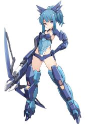 Rule 34 | 1girl, alice gear aegis, blue gloves, blue hair, blue leotard, blush, breasts, closed mouth, copyright name, elbow gloves, full body, gloves, hand on own hip, headgear, highres, karukan (monjya), leotard, long hair, looking at viewer, mecha musume, micro shorts, ponytail, purple eyes, shorts, sidelocks, simple background, small breasts, solo, strapless, strapless leotard, takanashi rei, white background