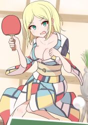 Rule 34 | 1girl, ball, bare legs, blonde hair, blue eyes, breasts, cleavage, collarbone, curvy, embarrassed, highres, holding, holding paddle, indoors, japanese clothes, kimono, knee up, knees, looking at viewer, lucia (toaru majutsu no index), medium breasts, medium hair, obi, open clothes, open kimono, open mouth, paddle, palan, parted hair, plant, potted plant, print kimono, sash, solo, standing, sweatdrop, table tennis, table tennis ball, table tennis paddle, toaru majutsu no index, toaru majutsu no index: imaginary fest, wide sleeves