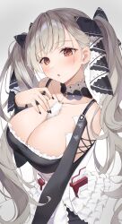 Rule 34 | 1girl, absurdres, azur lane, between breasts, black dress, black nails, breasts, cleavage, dress, formidable (azur lane), frilled dress, frills, gothic lolita, grey hair, hair ribbon, highres, large breasts, lolita fashion, long hair, necktie, necktie between breasts, okey, red eyes, ribbon, solo, twintails, two-tone dress, two-tone ribbon, very long hair, white background