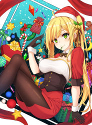 Rule 34 | 1girl, ahoge, ass, black pantyhose, blonde hair, blush, breasts, candy, candy cane, christmas, christmas ornaments, christmas wreath, cleavage, crossed legs, food, gift, green eyes, hat, healther, highres, large breasts, long hair, looking at viewer, medium breasts, mistletoe, original, pantyhose, ponytail, santa costume, santa hat, sitting, skirt, smile, solo, twintails, wreath, wrist cuffs
