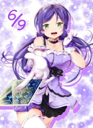 Rule 34 | 1girl, 2019, absurdres, artist name, artist request, bare shoulders, black footwear, blush, boots, breasts, card, earrings, female focus, gloves, green eyes, heart, heart hands, highres, holding, holding card, jewelry, kira-kira sensation!, long hair, looking at viewer, love live!, love live! school idol project, low twintails, maid, maid headdress, purple hair, scrunchie, smile, solo, thighhighs, tojo nozomi, twintails, white gloves