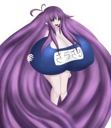 Rule 34 | antenna hair, blush, breasts, gigantic breasts, green eyes, highres, jcdr, long hair, open mouth, original, pointy ears, purple hair, simple background, smile, swimsuit, very long hair