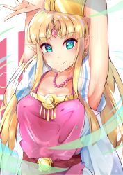 Rule 34 | 1girl, aqua eyes, armpits, bead necklace, beads, belt, blonde hair, blush, bracer, breasts, cape, circlet, cleavage, closed mouth, collarbone, detached sleeves, dress, earrings, gem, highres, jewelry, logo, looking at viewer, medium breasts, necklace, nintendo, parted bangs, pointy ears, ponytail, princess zelda, racket ti1, red gemstone, short sleeves, sidelocks, smile, solo, sparkle, super smash bros., tabard, the legend of zelda, the legend of zelda: a link to the past, triforce, two-tone background, upper body, white background, white cape, white dress