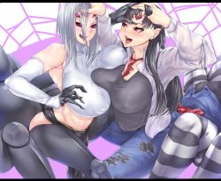 Rule 34 | 10s, 2girls, arachne, armpits, arthropod girl, asymmetrical docking, between breasts, black hair, blush, breast press, breasts, claws, covered erect nipples, denim, detached sleeves, extra eyes, hand on another&#039;s head, hand on own head, huge breasts, insect girl, jeans, kandata nijou, letterboxed, long hair, monster girl, monster musume no iru nichijou, multiple girls, multiple legs, necktie, necktie between breasts, original, pants, pantyhose, purple eyes, rachnera arachnera, sharp teeth, silk, silver hair, solid eyes, spider girl, spider web, striped clothes, striped legwear, striped pantyhose, taur, teeth, torn clothes, torn jeans, torn pants