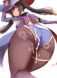 Rule 34 | 1girl, aqua eyes, ass, blush, breasts, cum, cum on ass, cum on clothes, from behind, genshin impact, gloves, gumisyrup, hat, highres, leotard, looking at viewer, looking back, mona (genshin impact), pantyhose, purple hair, twintails, witch hat