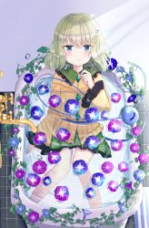 Rule 34 | 1girl, arm up, bad id, bad pixiv id, bathtub, blue eyes, blush, clothed bath, collar, commentary, day, faucet, feet out of frame, floral print, flower, frilled shirt collar, frilled sleeves, frills, from above, frown, green collar, green hair, green skirt, heart, heart of string, highres, indoors, komeiji koishi, light rays, long sleeves, looking at viewer, miniskirt, morning glory, nibosi, no headwear, partially submerged, petticoat, plant, rose print, shirt, short hair, skirt, solo, sunbeam, sunlight, tareme, tears, third eye, tile floor, tiles, touhou, vines, water drop, yellow shirt