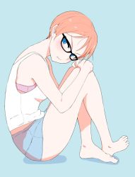 Rule 34 | 1girl, :t, bare arms, bare legs, bare shoulders, barefoot, blue background, blue eyes, blue panties, blush, boyshort panties, bra, camisole, closed mouth, feet, from side, hi iro, crossed legs, looking at viewer, orange hair, original, panties, pink bra, short hair, simple background, sitting, solo, toes, underwear, white camisole
