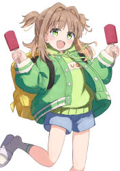 Rule 34 | + +, 1girl, :d, backpack, bag, bare legs, blue shorts, brown hair, commentary, drawstring, eyes visible through hair, fang, food, green eyes, green hoodie, green jacket, hair intakes, highres, holding food, holding popsicle, hood, hoodie, jacket, long sleeves, looking at viewer, medium hair, oka asahi, onii-chan wa oshimai!, open clothes, open jacket, open mouth, popsicle, puffy long sleeves, puffy sleeves, shorts, simple background, smile, socks, solo, tetesudeesu, two side up, white background, white socks