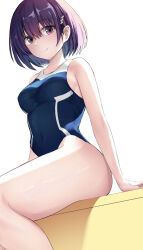 Rule 34 | 1girl, arm at side, ayakashi triangle, bare arms, bare legs, bare shoulders, blue one-piece swimsuit, breasts, closed mouth, competition swimsuit, covered navel, feet out of frame, hair between eyes, hair ornament, highleg, highleg swimsuit, kanade suzu, kurony (sirony), looking at viewer, medium breasts, one-piece swimsuit, pink eyes, purple hair, short hair, sideboob, simple background, sitting, smile, solo, straight hair, swimsuit, thick thighs, thighs, white background, wide hips